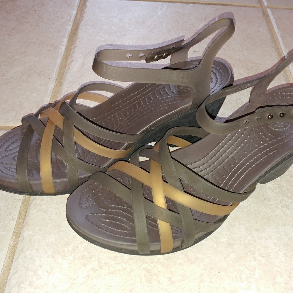 CROCS Brown and Tan Strappy Wedge Sandals